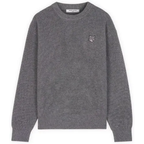 Grauer Rippstrickpullover mit Tonalem Logo - Maison Kitsuné - Modalova