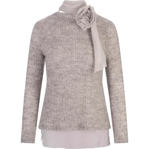 Grey Mohair Knit Top with Floral Detail , female, Sizes: M, 2XS, XS - Ermanno Scervino - Modalova