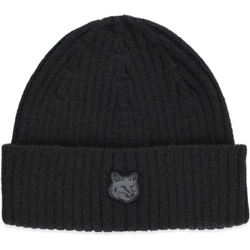 Schwarze gerippte Wollmütze mit Fox Head Logo - Maison Kitsuné - Modalova