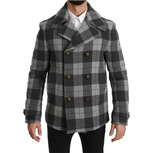 Blazers, male, , Size: XS Gray Check Wool Cashmere Coat Jacket - Dolce & Gabbana - Modalova