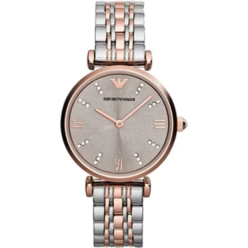 Watches, unisex, , Size: ONE SIZE Elegant Quartz Watch with Beige Dial and Stainless Steel Strap - Emporio Armani - Modalova