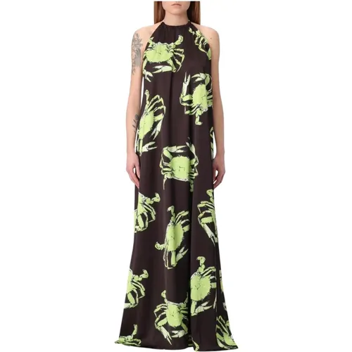 Gowns, female, , Size: 2XS Brown Crab Print Silk Maxi Dress - Msgm - Modalova