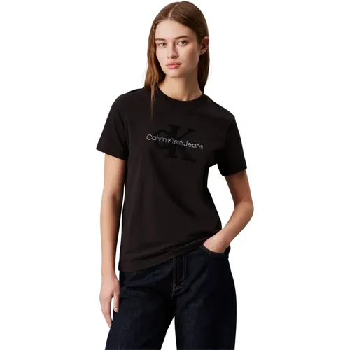 Schwarzes Logo-Textur-T-Shirt , Damen, Größe: S - Calvin Klein - Modalova