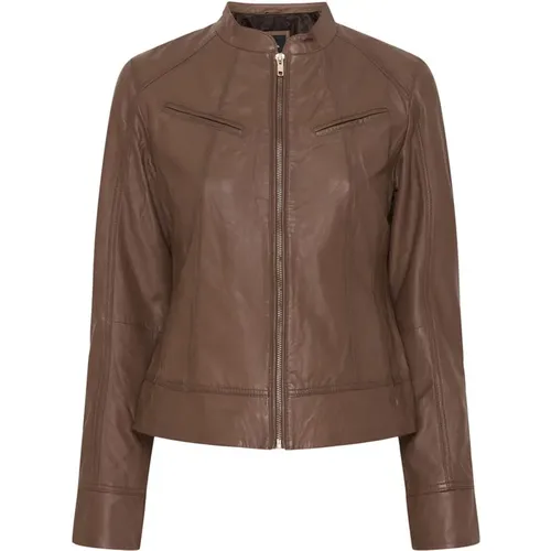 Tiefes Taupe Bikerjacke mit Glänzenden Silberakzenten , Damen, Größe: L - BTFCPH - Modalova