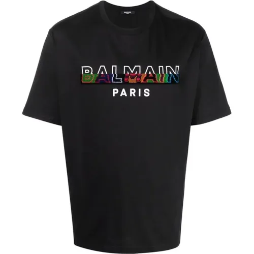 Split Textured Logo T-Shirt in , male, Sizes: S, XS - Balmain - Modalova