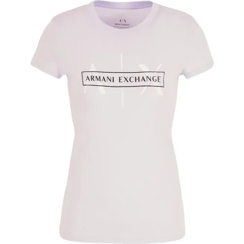 Lila Bio-Baumwoll-T-Shirt mit Druck , Damen, Größe: M - Armani Exchange - Modalova