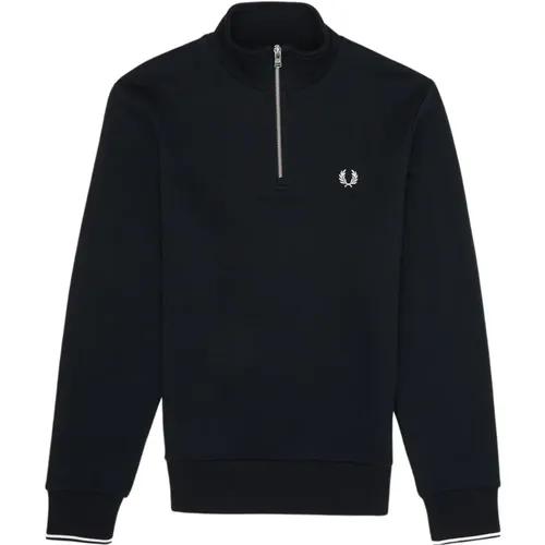 Sweatshirts, male, , Size: L Navy Half Zip Sweatshirt with Back Stripes - Fred Perry - Modalova