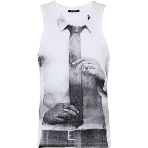 Geripptes Tanktop mit Tie-Print - Balmain - Modalova