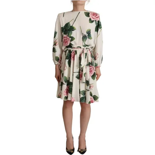 Weiße Rosenmuster Seiden A-Linien Kleid - Dolce & Gabbana - Modalova