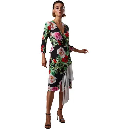 Blumiges asymmetrisches Midi-Kleid mit Fransen , Damen, Größe: 2XL - Moskada - Modalova