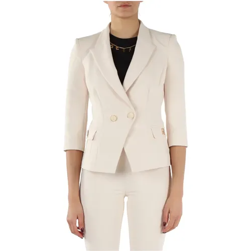 Double-breasted crepe jacket with logo plaque , female, Sizes: XS - Elisabetta Franchi - Modalova