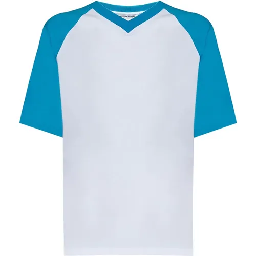 Weißes Fußball T-Shirt Blaue Ärmel , Damen, Größe: S - Victoria Beckham - Modalova