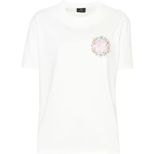 Weißes T-Shirt mit rosa besticktem Logo , Damen, Größe: M - ETRO - Modalova