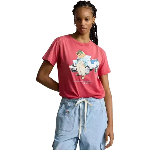 Rotes Baumwoll-T-Shirt mit Teddybär , Damen, Größe: L - Ralph Lauren - Modalova