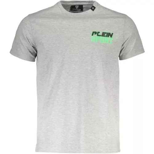 Graues Baumwoll T-Shirt, Kurzarm, Rundhals, Druck, Logo , Herren, Größe: M - Plein Sport - Modalova