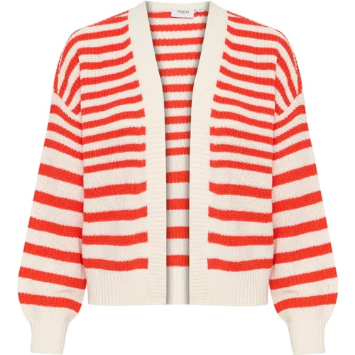 Cardigans, female, , Size: XL Striped Open Cardigan Flame Scarlet - Saint Tropez - Modalova