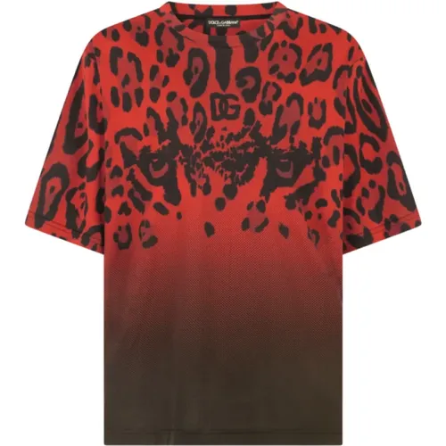 T-Shirts, male, , Size: XS Red Leopard Print Cotton Jersey T-shirt - Dolce & Gabbana - Modalova