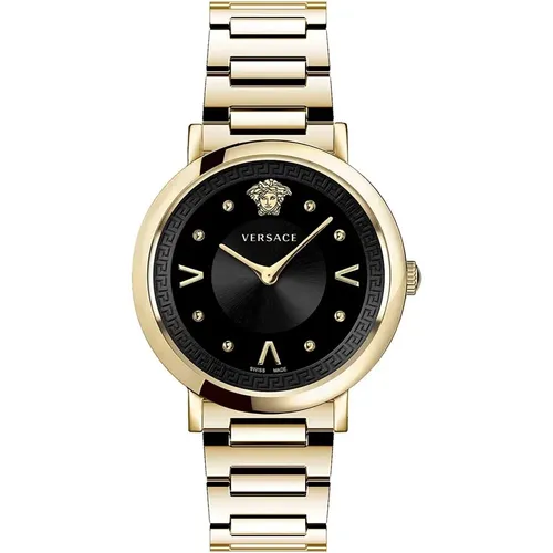 Watches, female, , Size: ONE SIZE Chic Gold Steel Bracelet Black Dial Watch - Versace - Modalova