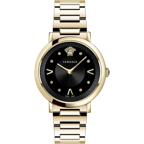 Elegante Gold Stahl Armband Schwarzes Zifferblatt Uhr , Damen, Größe: ONE Size - Versace - Modalova
