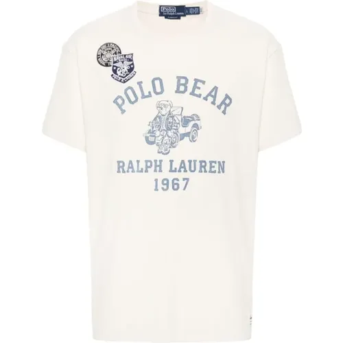 Bedrucktes weißes T-Shirt mit Logo-Patch und Polo Bear-Print , Herren, Größe: XL - Polo Ralph Lauren - Modalova