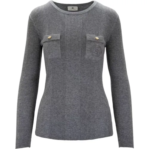 Round-neck Knitwear, female, , Size: XL Ribbed Long Sleeve Sweater with Faux Pockets - Elisabetta Franchi - Modalova