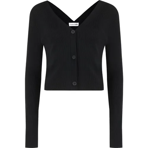 Gerippter Strick V-Ausschnitt Cardigan , Damen, Größe: M - Calvin Klein - Modalova