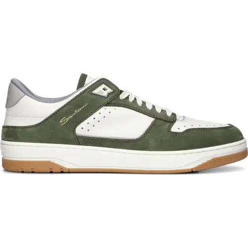 Weiße Grüne Leder Sneakers Stilvolles Modell , Herren, Größe: 43 EU - Santoni - Modalova