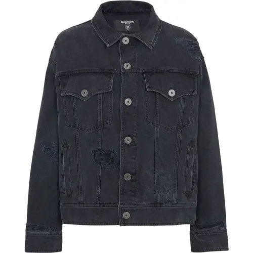 Black Cotton Ripped Detailing Jacket , male, Sizes: M - Balmain - Modalova