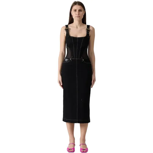 Denim Midi-Kleid mit Tülldetails , Damen, Größe: XS - Versace Jeans Couture - Modalova