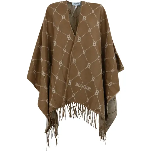 Capes, female, , Size: ONE SIZE Reversible Logo Poncho Camel/White Fringed - Blugirl - Modalova