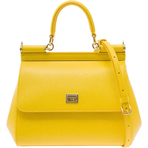 Gelbe Lederhandtasche mit Logoplatte - Dolce & Gabbana - Modalova