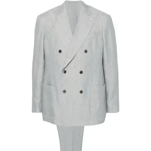 Double Breasted Suits, male, , Size: L Grey Linen Suit with Brooch Detail - Luigi Bianchi Mantova - Modalova