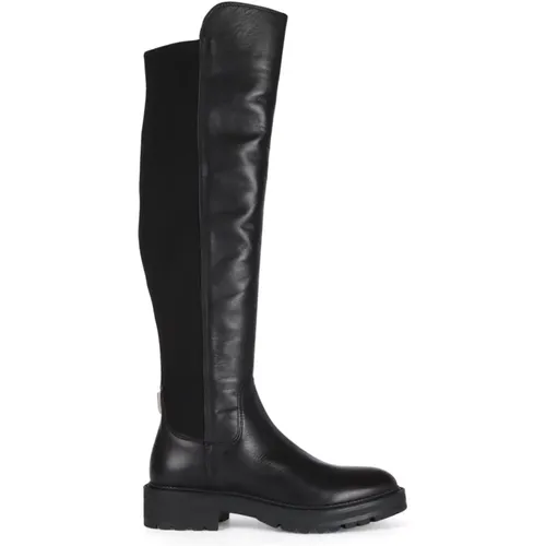 Leder- und Stretchstoffstiefel mit Logo-Plakette , Damen, Größe: 38 EU - Guess - Modalova