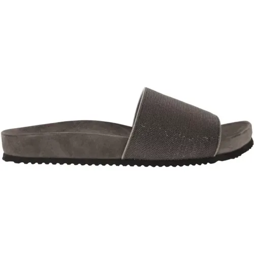 Sliders, female, , Size: 6 US Embellished Lignite Slippers - BRUNELLO CUCINELLI - Modalova