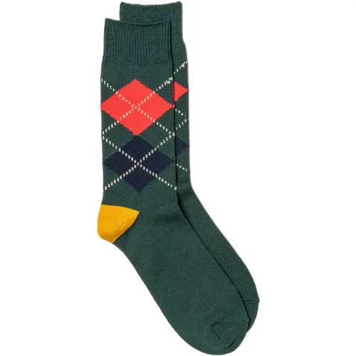 Argyle Crew Socks Dark Green/Yellow , unisex, Größe: L - RoToTo - Modalova