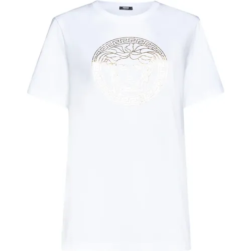 Luxuriöses Medusa Head T-Shirt Weiß Gold , Damen, Größe: S - Versace - Modalova