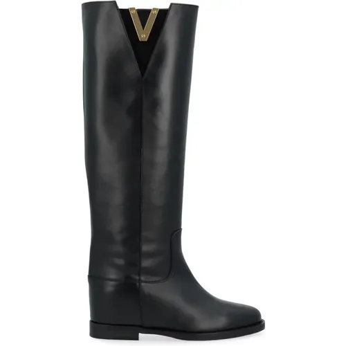 Leather Boot with Gold Metal V Detail , female, Sizes: 3 UK - Via Roma 15 - Modalova