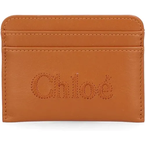 Leather Card Holder with Embroidered Logo , female, Sizes: ONE SIZE - Chloé - Modalova