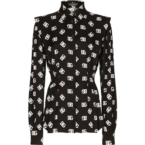 Elegante Schwarze Seidenbluse mit Monogramm-Print - Dolce & Gabbana - Modalova