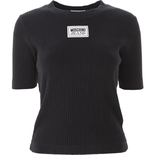 Cotton Logo Patch Short Sleeve T-Shirt , female, Sizes: XS, L - Moschino - Modalova