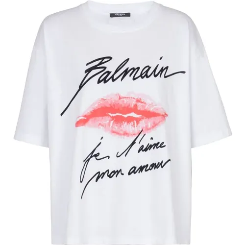 T-Shirts, female, , Size: M Kiss Print Script Logo T-Shirt - Balmain - Modalova