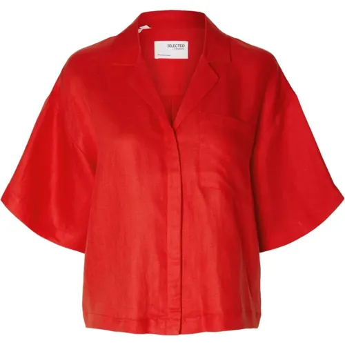 Boxy Revers Linen Shirt - Flame Scarlet , female, Sizes: S, XS - Selected Femme - Modalova