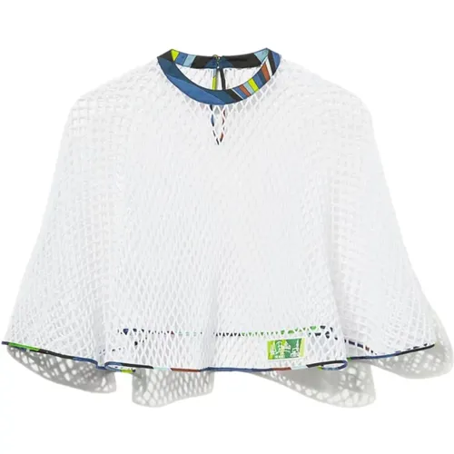 Bianco Baumwoll-Poncho mit Seidenbesatz - EMILIO PUCCI - Modalova