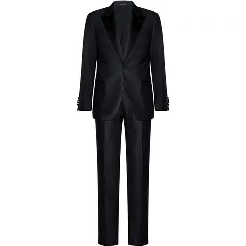 Single Breasted Suits, male, , Size: S Grey Wool Tuxedo Suit Satin Details - Emporio Armani - Modalova