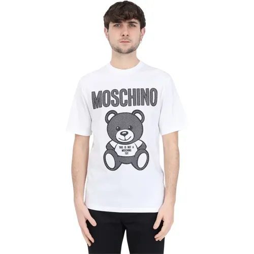 Herren Weißes T-Shirt aus Bio-Baumwolle mit Mesh Teddybär-Print - Moschino - Modalova