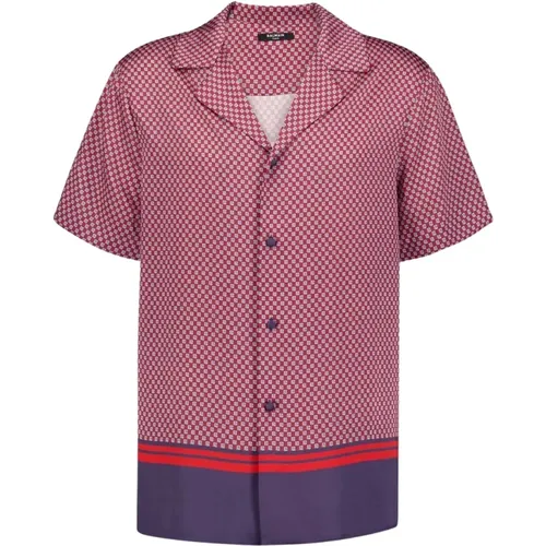 Monogram-Printed Shirt with Pyjama-Style Neckline , male, Sizes: L, M - Balmain - Modalova