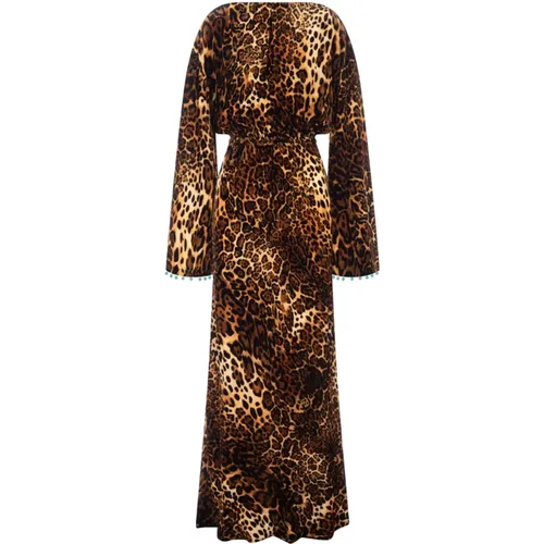 Leopard Print Long Dress with Turquoise Gem Embellishments , female, Sizes: XS - Roberto Cavalli - Modalova
