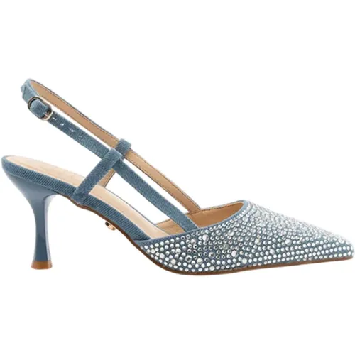 Pumps, female, , Size: 10 US Denim Slingback Flat Shoes with Strass - Twentyfour - Modalova