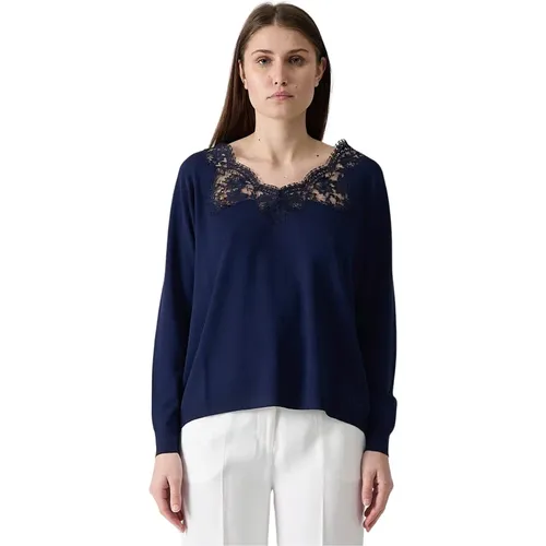 Blouses, female, , Size: S Navy Lace Trim V-Neck Top - Ermanno Scervino - Modalova