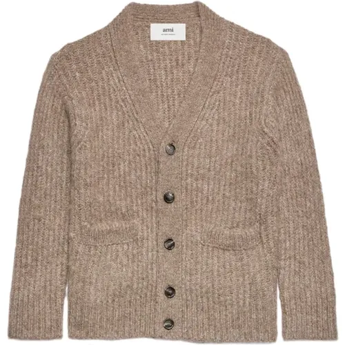 Cardigans, male, , Size: S V-Neck Rib-Knit Cardigan - Ami Paris - Modalova